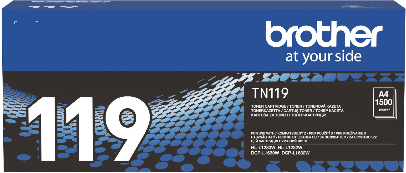 Pudełko z tonerem Brother TN119. Duże białe '119' z przodu. Niebieskie tło z tekstem i logo Brother.