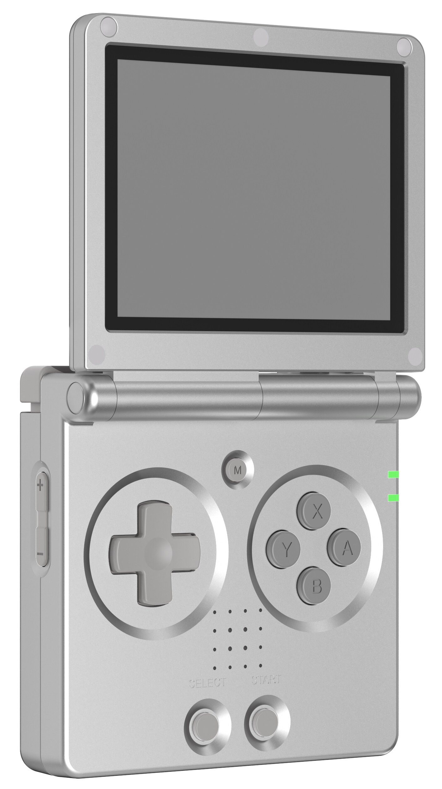 Srebrna konsola do gier przenośna. Ekran u góry. Krzyżak, przyciski i start/select na dole.