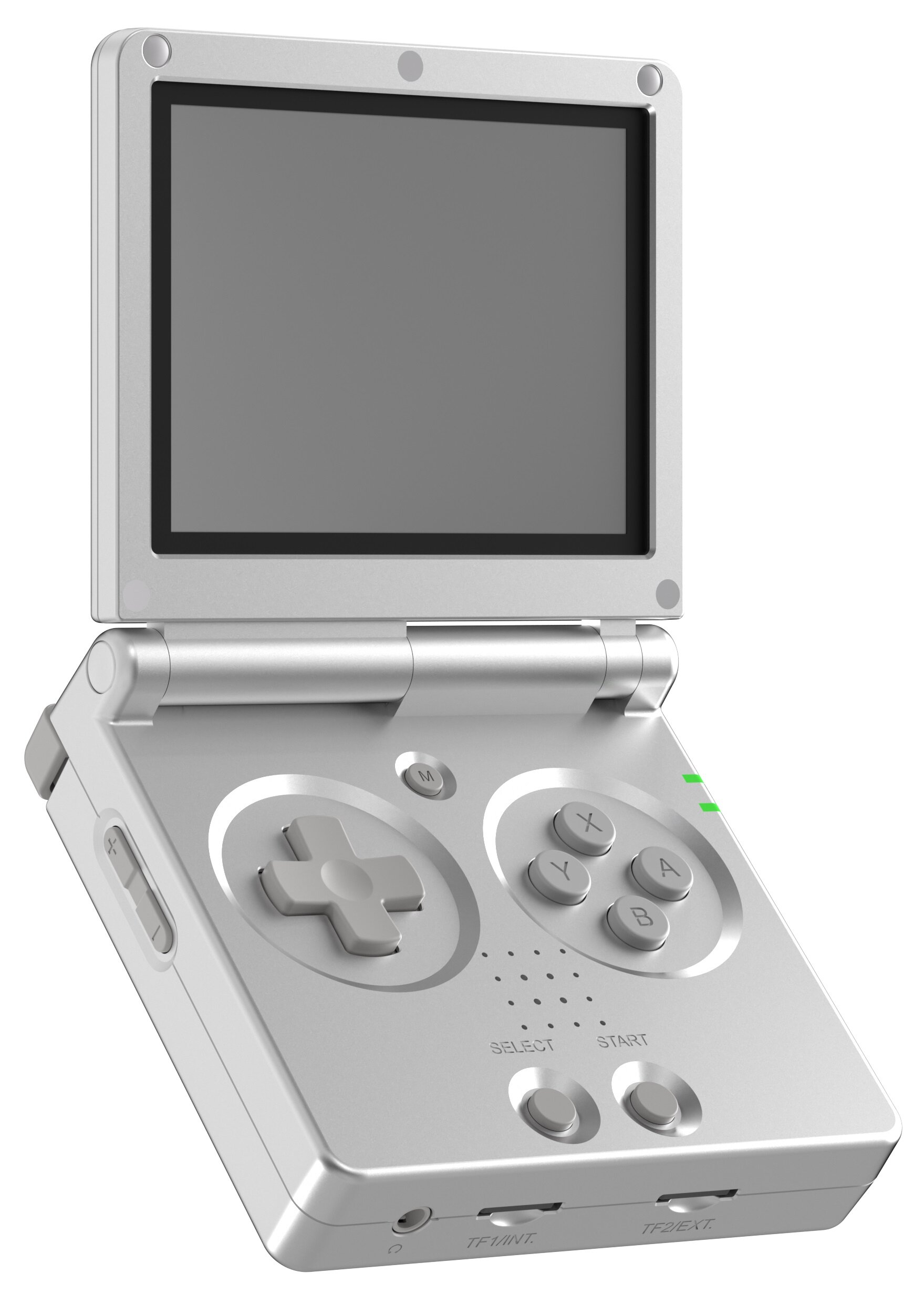 Srebrna konsola do gier przenośna. Ma ekran, przyciski, d-pad i zawias. Ekran jest szary.