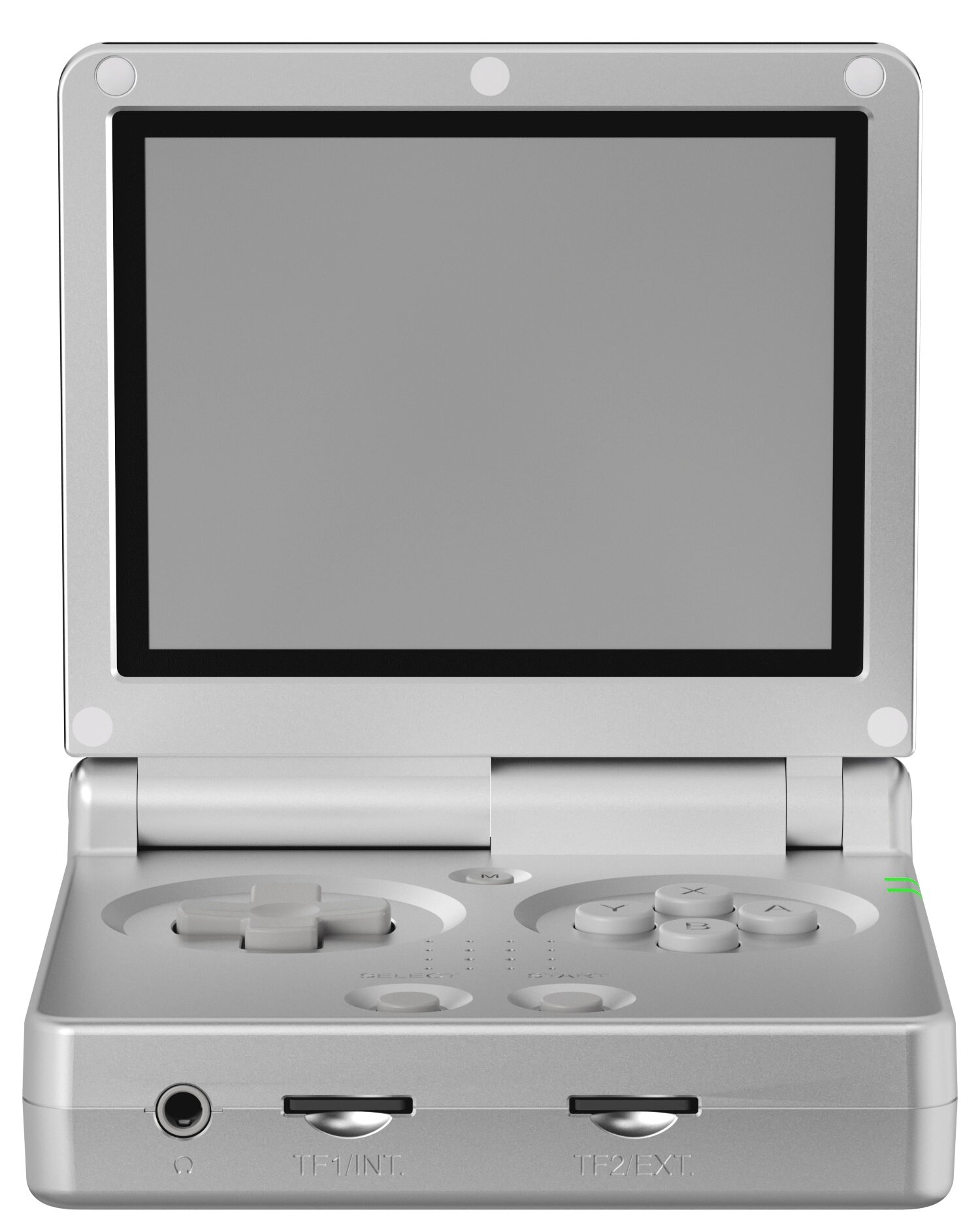 Srebrna konsola do gier przenośna. Ma ekran, przyciski i krzyżak. Ekran jest wyłączony.