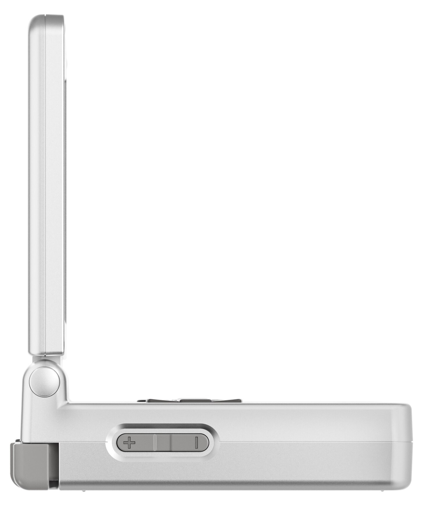 Widok z boku srebrnej konsoli do gier przenośnej, częściowo otwartej, z widocznymi przyciskami. Tło jest białe.