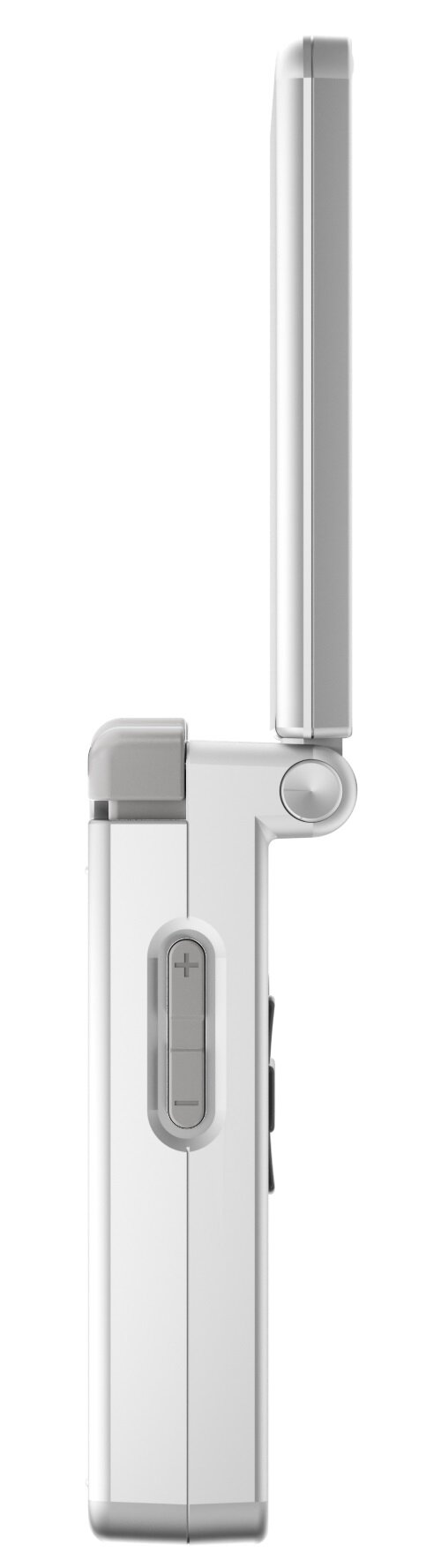 Widok z boku białego urządzenia w stylu clamshell. Ma przyciski głośności i zawias u góry. Tło jest białe.
