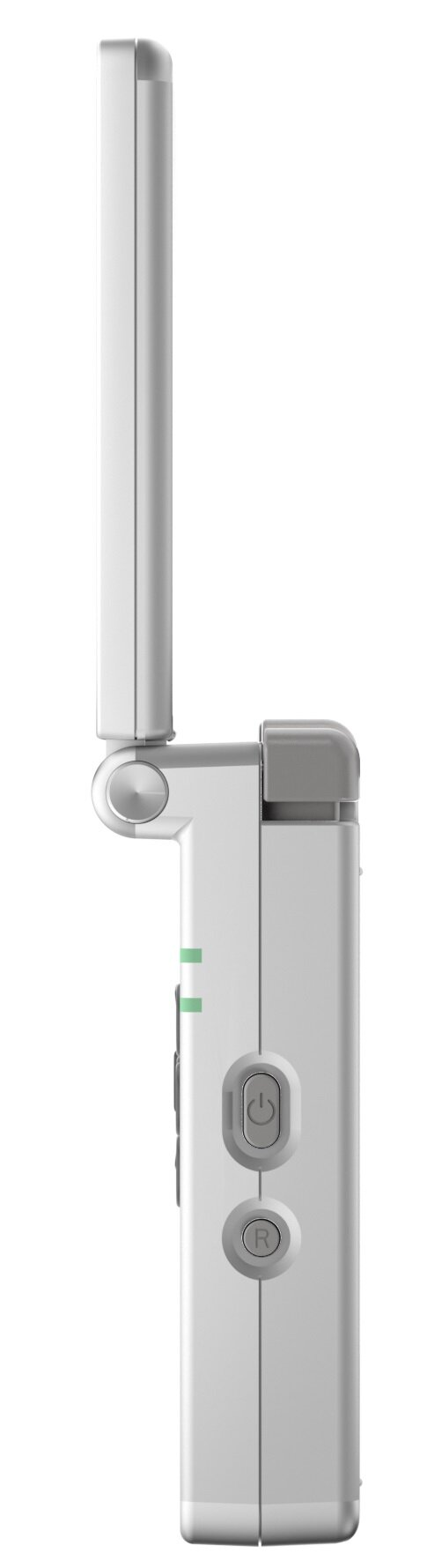 Białe, składane urządzenie z anteną. Posiada przyciski i zielone wskaźniki oraz przycisk zasilania.