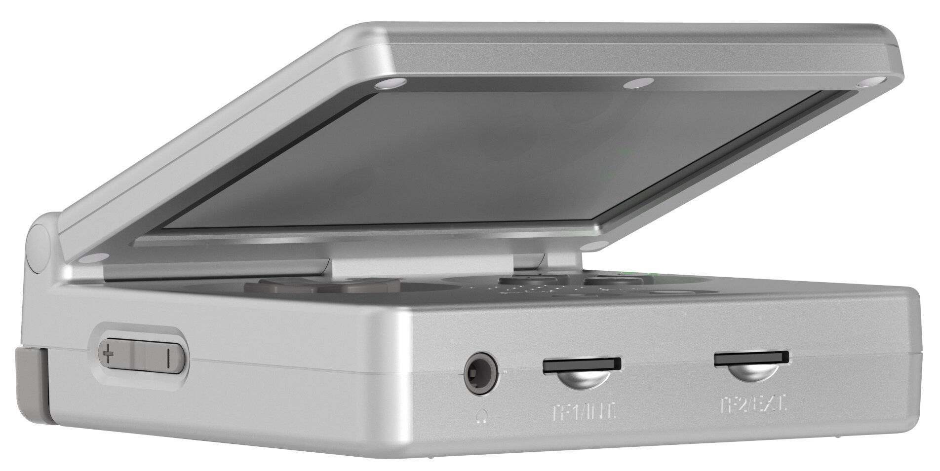 Srebrne przenośne urządzenie do gier, otwarte. Ma ekran i przyciski. Porty obejmują słuchawki i gniazdo rozszerzeń.