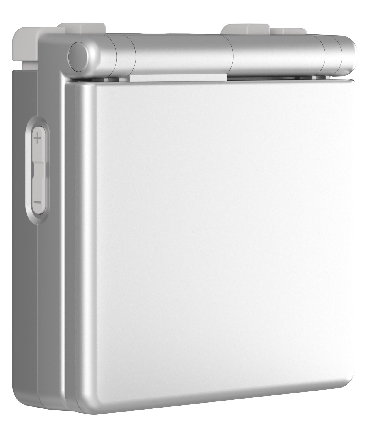 Srebrne urządzenie z prostokątnym ekranem. Ma bok z regulacją głośności i górę z zaokrąglonym zawiasem.