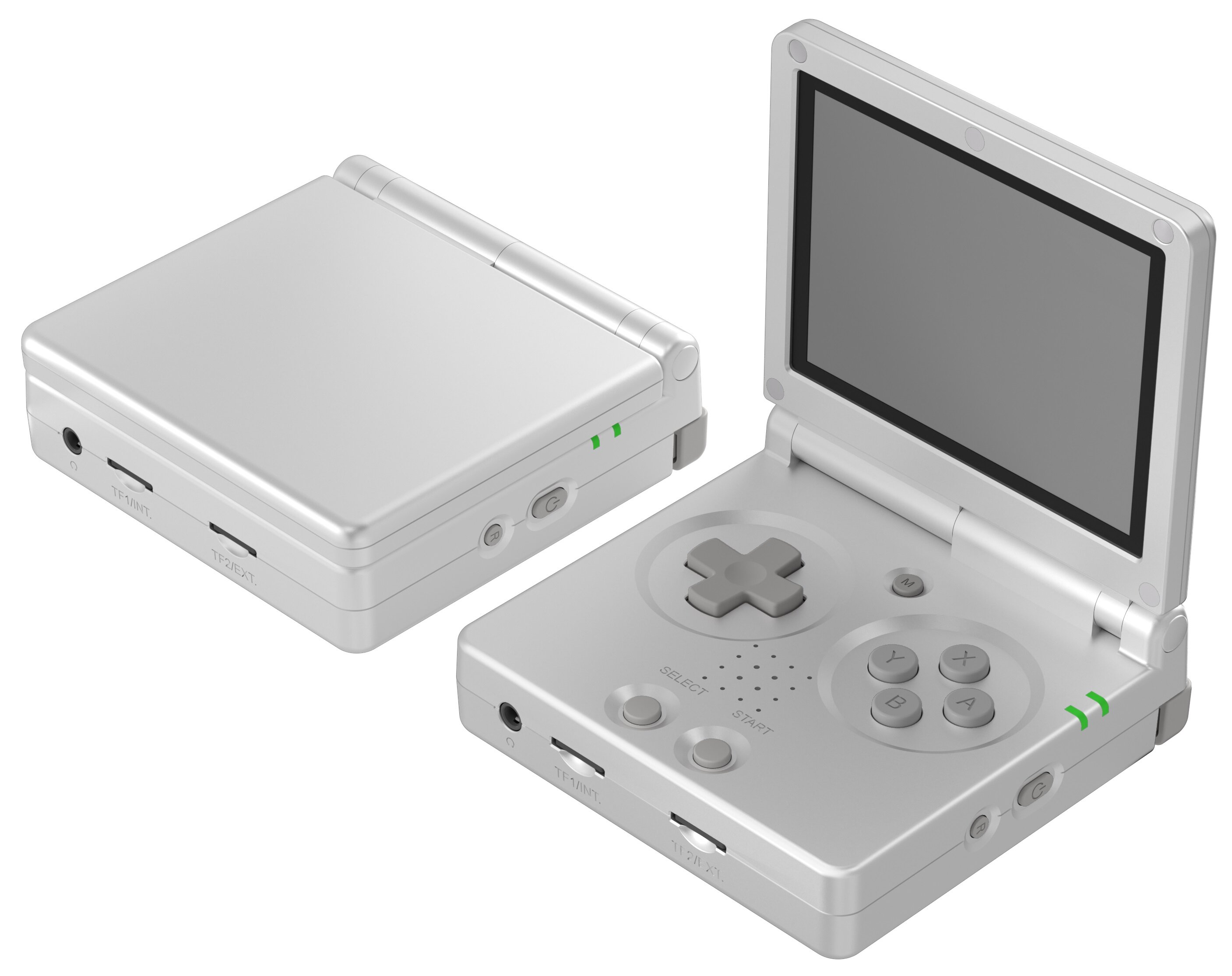 Srebrny Game Boy Advance SP jest pokazany, otwarty. Drugi, zamknięty, obok. Przyciski i ekran są widoczne.