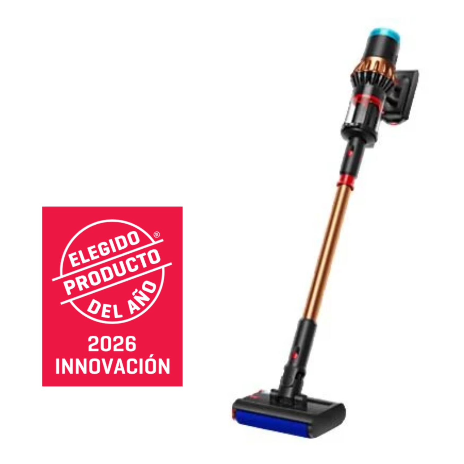 Aspiradora inalámbrica Dyson Piston Submarine negro y dorado. Insignia de premio, 'Elegido Producto del Año 2026 Innovación', a la izquierda.