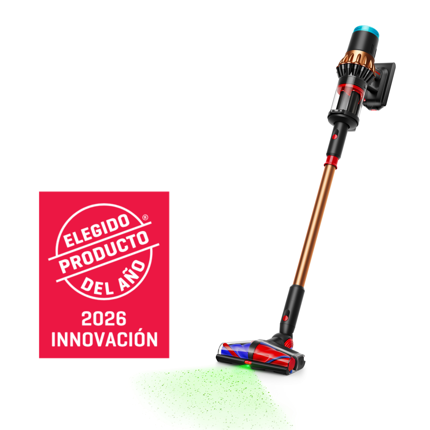 Aspiradora inalámbrica con detalles dorados, negros y rojos. Un sello rojo dice 'Elegido Producto Del Año 2026 Innovacion'.