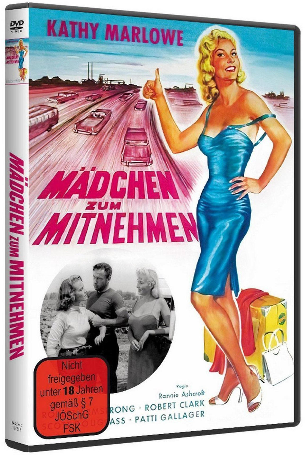 DVD-Cover: Blonde Frau im blauen Kleid mit Daumen hoch. Autos auf der Autobahn im Hintergrund. Titel: Mädchen zum Mitnehmen.