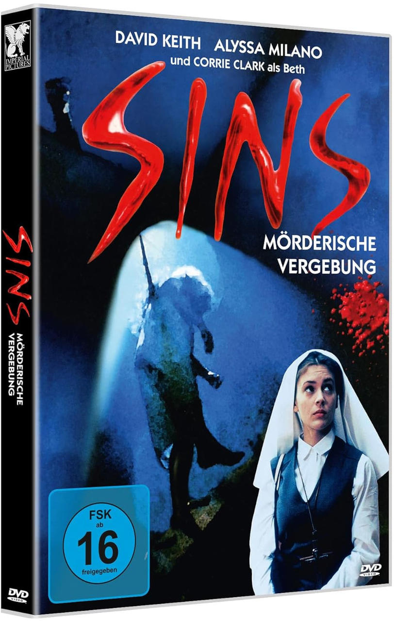 DVD-Cover. Roter 'SINS'-Titel. Nonne schaut nach oben. Figur im Hintergrund. Deutscher Titel 'Mörderische Vergebung'.