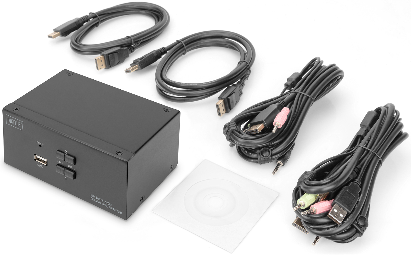 Schwarzer KVM-Switch mit Kabeln, einer CD und verschiedenen Anschlüssen. Kabel sind schwarz. Anschlüsse umfassen USB, Audio und Display.