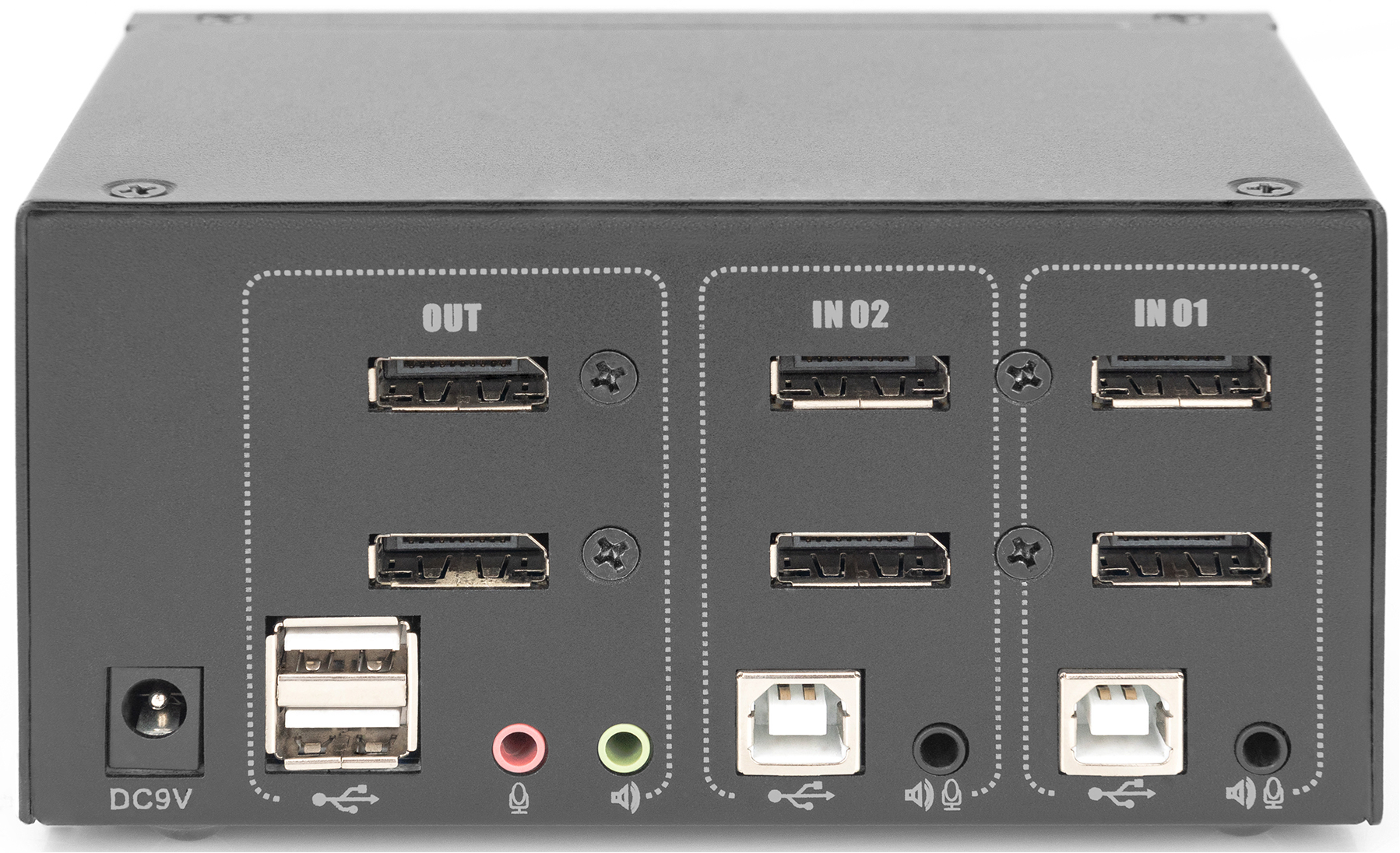 Schwarzes elektronisches Gerät mit USB-, Audio- und Stromanschlüssen, beschriftet mit 'OUT', 'IN 02' und 'IN 01'.