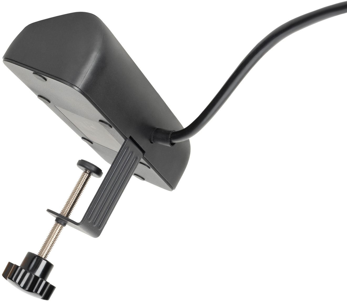 Eine schwarze Schreibtischlampe mit Klemme. Die Lampe hat einen gebogenen Arm und eine Klemme mit Schraube zur Befestigung.