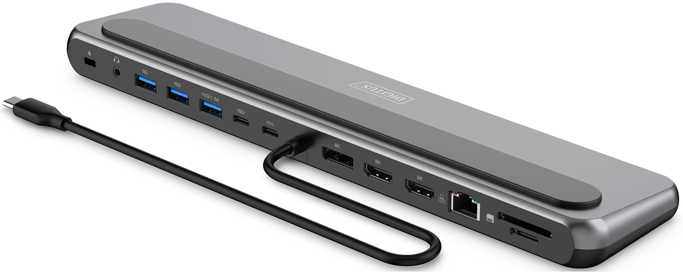 Graue Digitus USB-C-Dockingstation mit verschiedenen Anschlüssen und einem schwarzen USB-C-Kabel. Es liegt auf weißem Hintergrund.