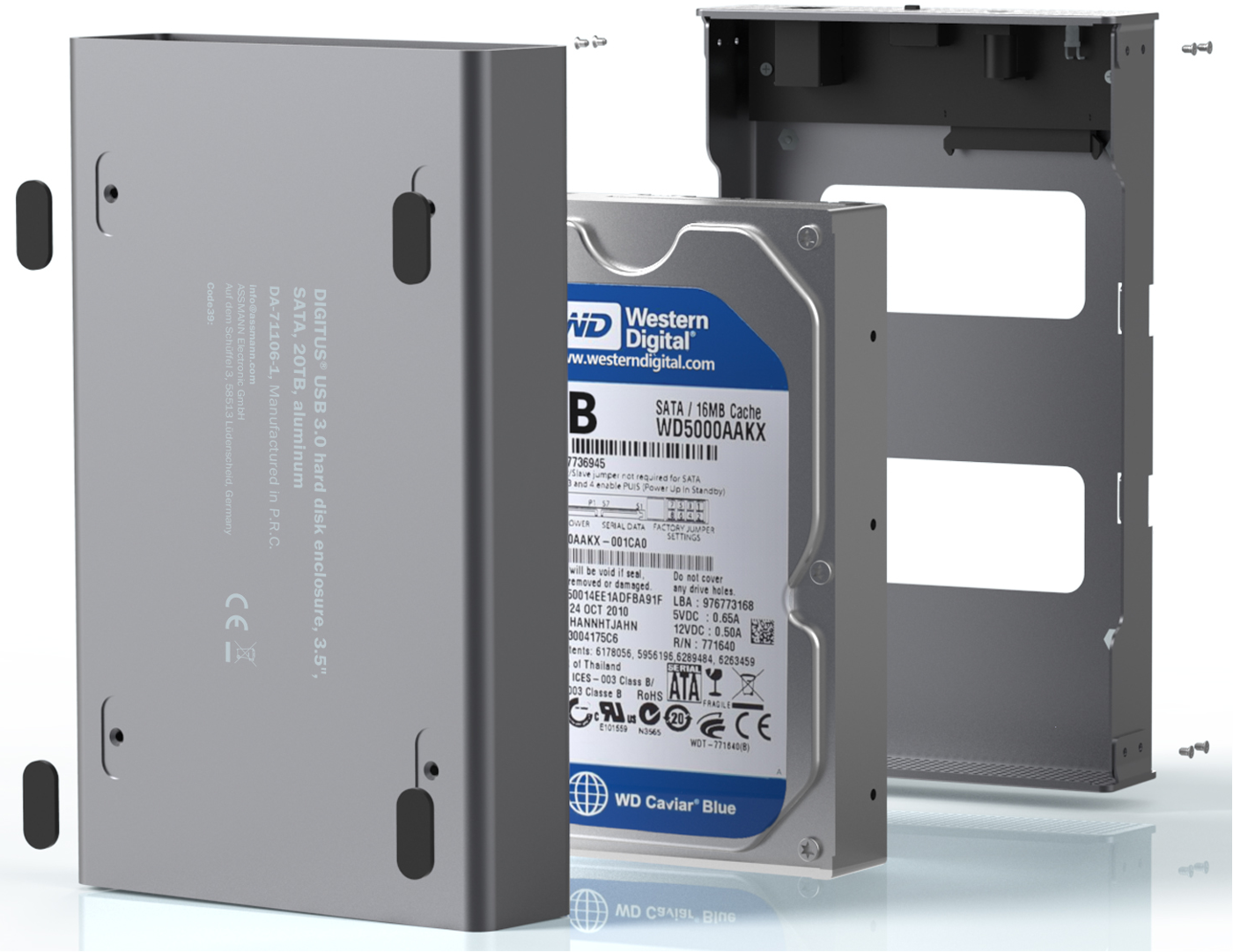 Ein Festplattengehäuse mit einer Western Digital Festplatte. Das Gehäuse ist grau, die Platte blau.