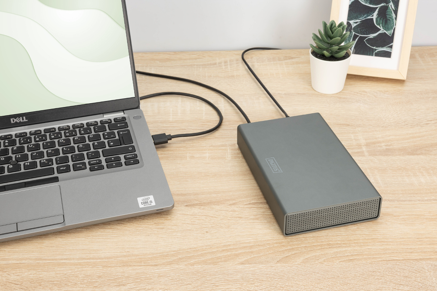 Ein grauer Laptop ist mit einer grauen externen Festplatte auf einem Holztisch verbunden. Eine kleine Pflanze und ein Bilderrahmen sind ebenfalls auf dem Tisch.