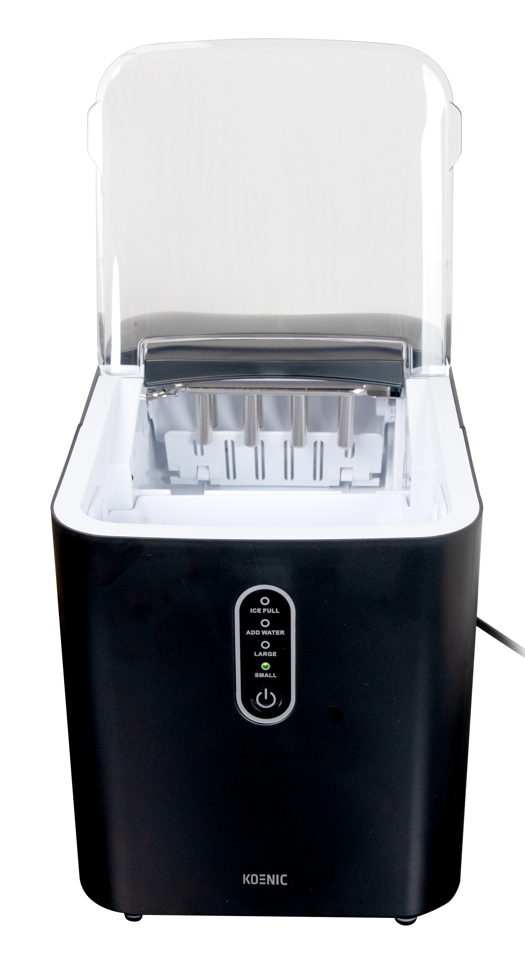 Czarno-biała kostkarka do lodu Koenic z otwartą pokrywą, pokazująca formy do lodu.