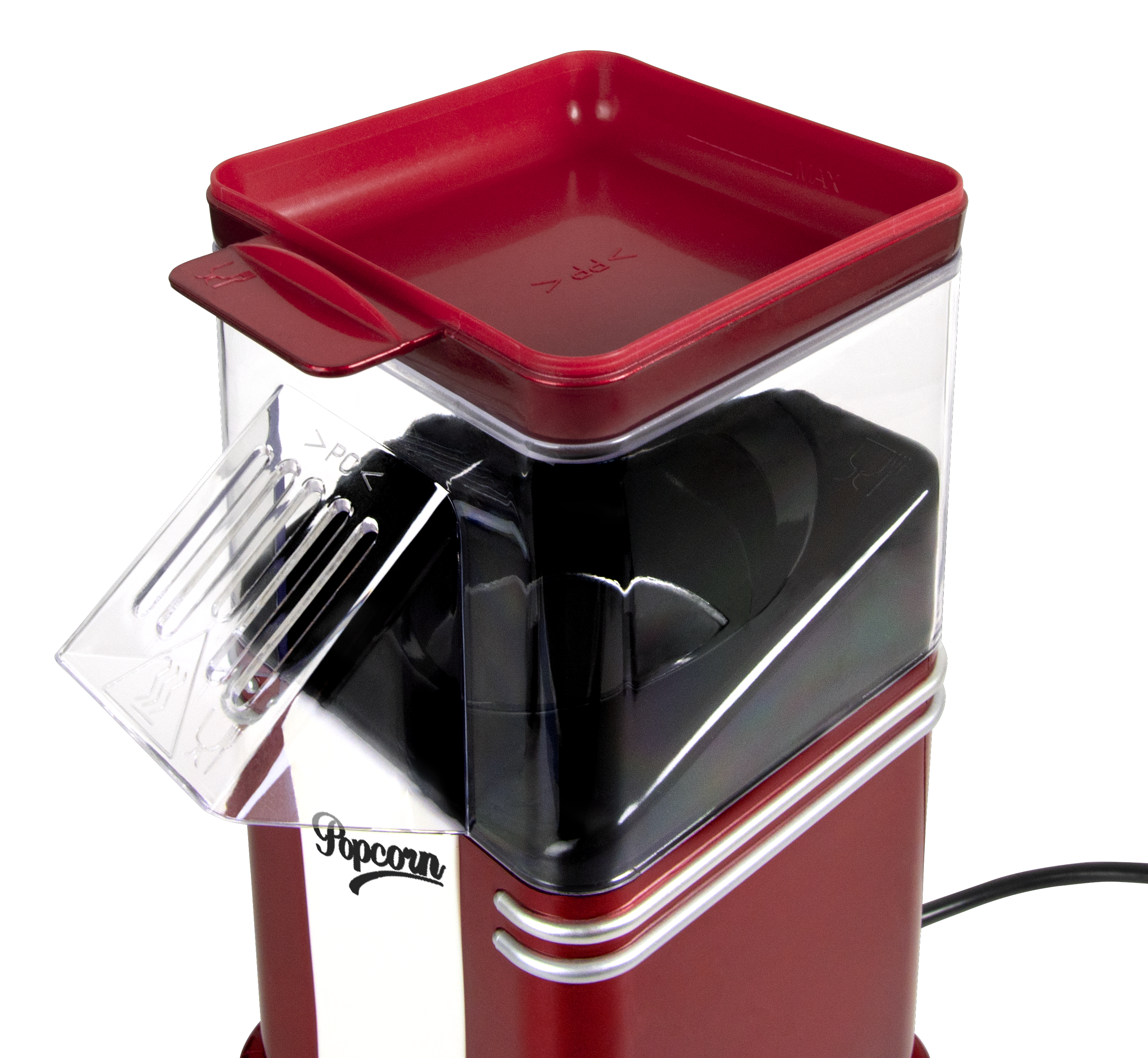 Czerwono-biała maszynka do popcornu z przezroczystym kanałem i czerwonym wieczkiem.