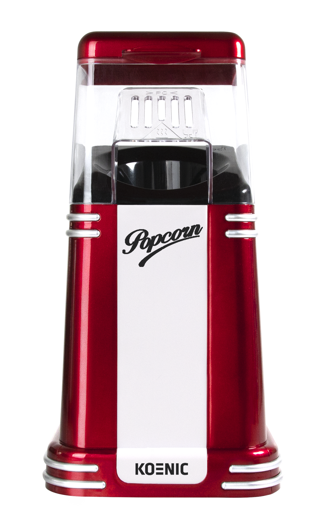Czerwona retro maszyna do popcornu z białym panelem i logo 'Popcorn'. Czarne wnętrze.