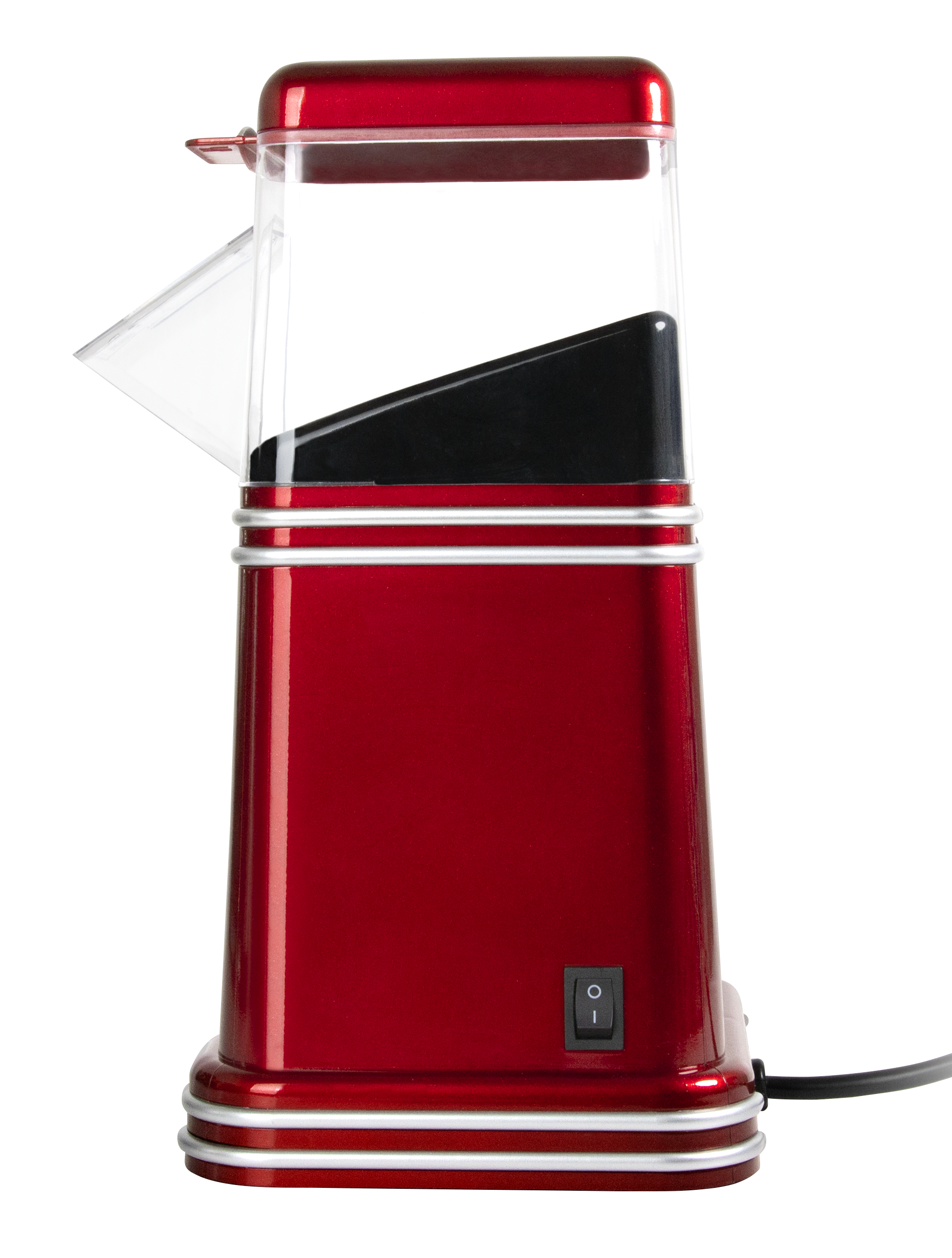 Czerwony ekspres do popcornu z przezroczystą pokrywą i srebrnymi akcentami.