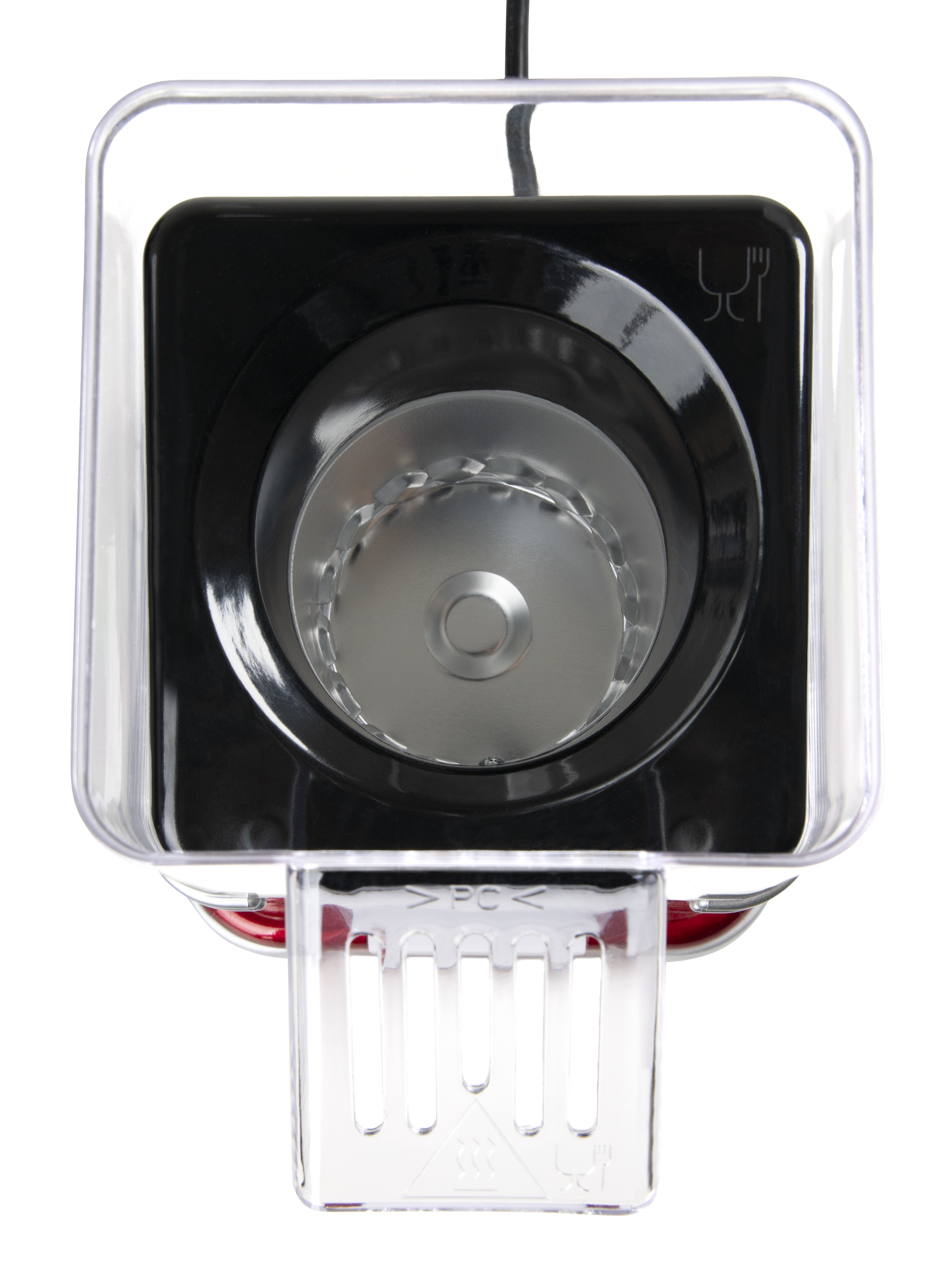 Widok z góry czarnego i przezroczystego plastikowego urządzenia z metalową wkładką i małym przezroczystym koszykiem.