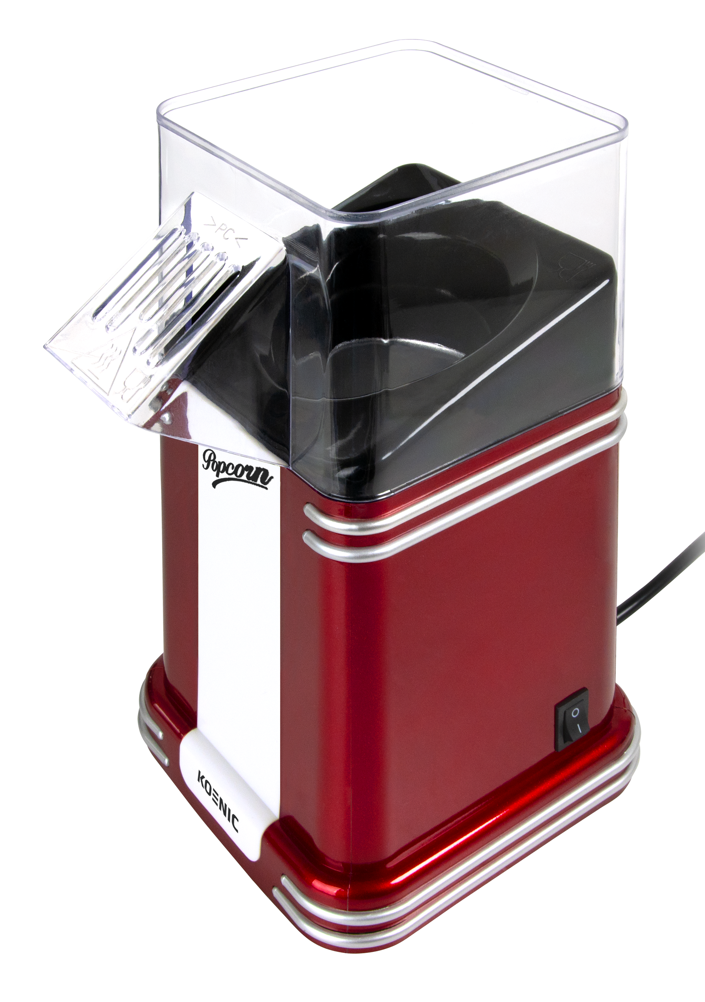Czerwony ekspres do popcornu w stylu retro z przezroczystą pokrywą.