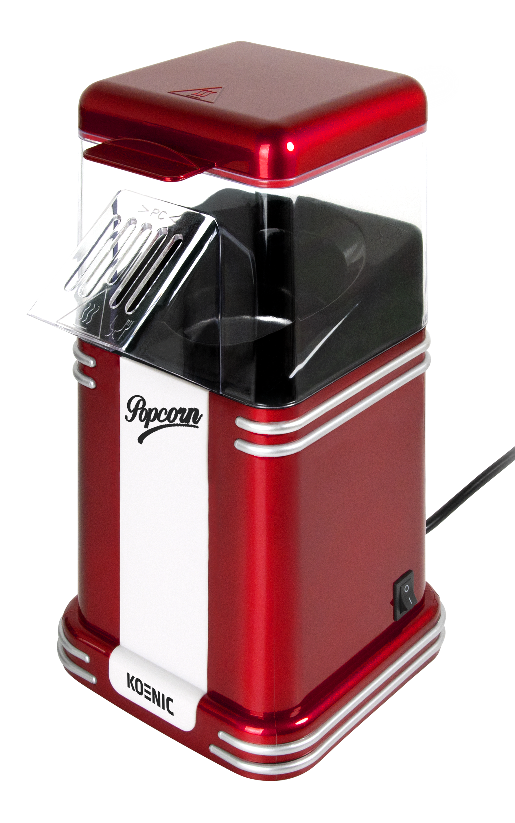 Czerwono-biała maszyna do popcornu z przezroczystą pokrywą i srebrnymi detalami.