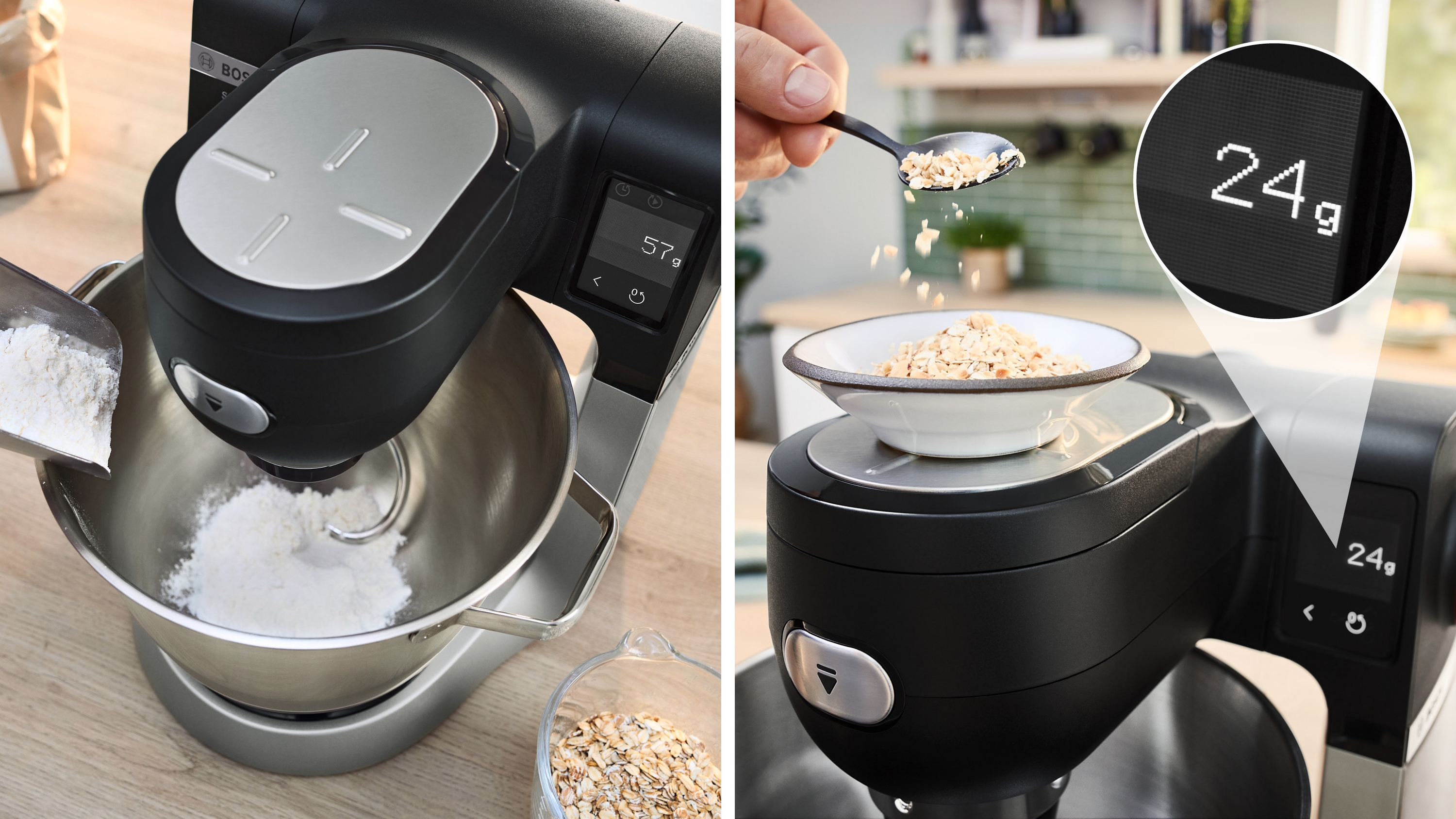 Urządzenie kuchenne z mąką i płatkami owsianymi. Mąka jest wlewana do miski. Płatki owsiane są odmierzone. Ekran pokazuje 24g.