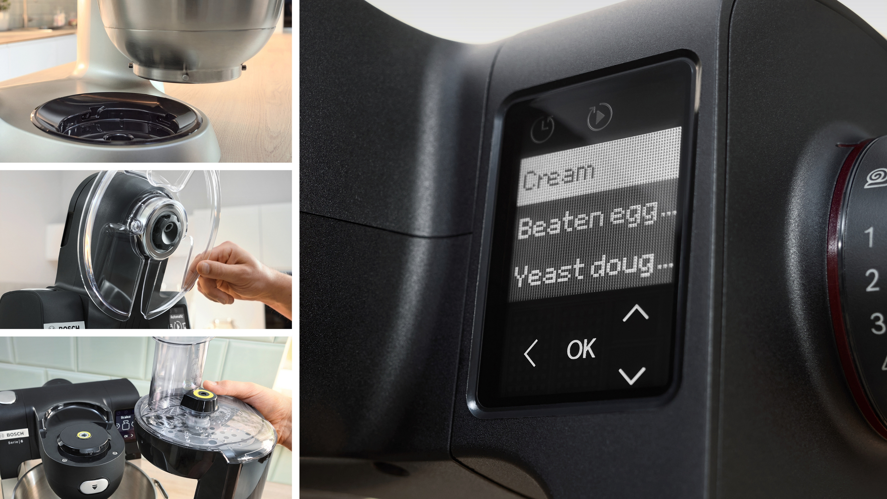 Obraz z wieloma widokami czarnego i srebrnego urządzenia kuchennego. Ekran wyświetla 'Śmietanę', 'Ubite jajko', 'Ciasto drożdżowe'.