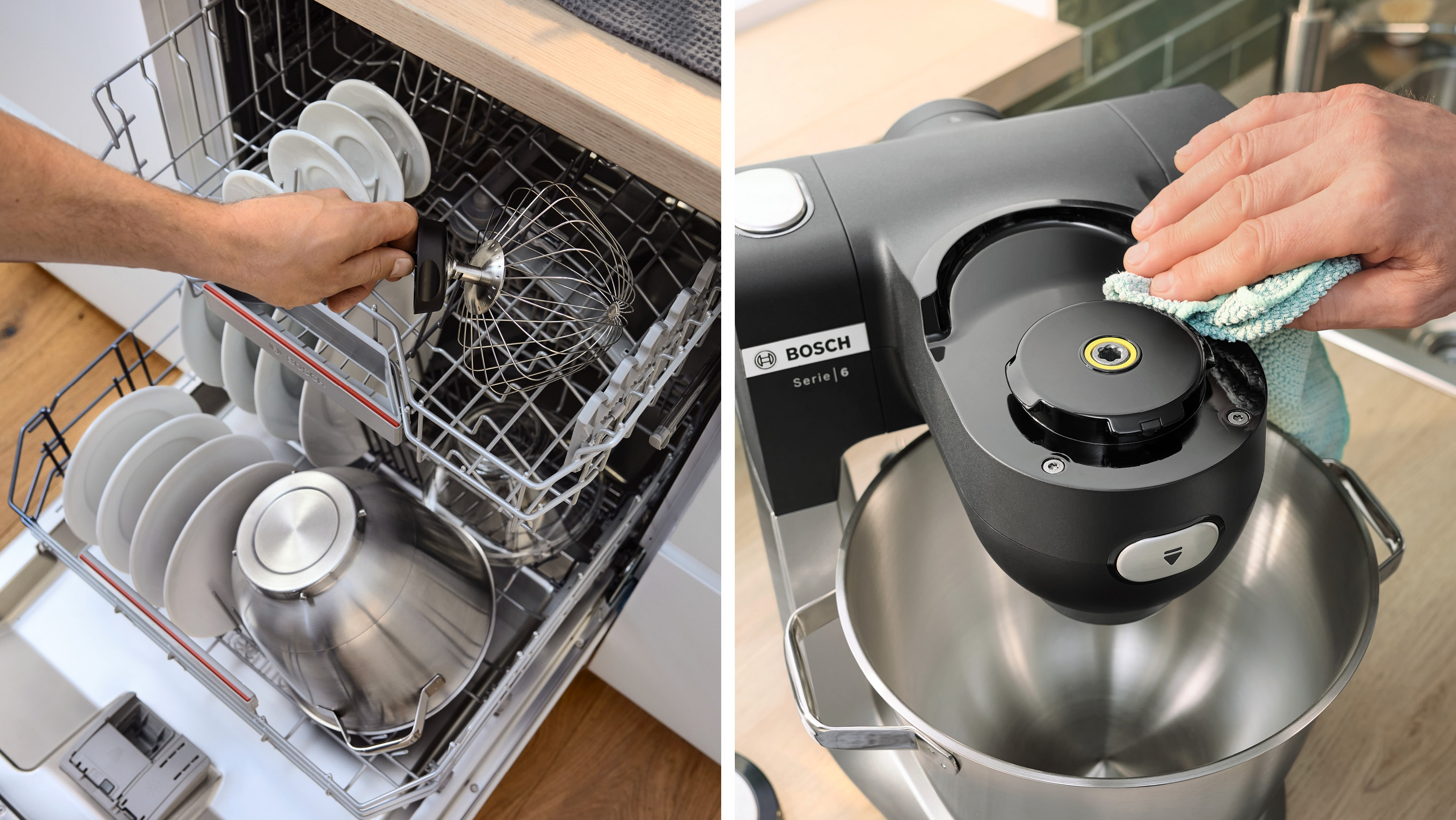 Zmywarka z załadowanymi naczyniami. Ręka wyciera czarny mikser stojący. Scena rozgrywa się w kuchni.