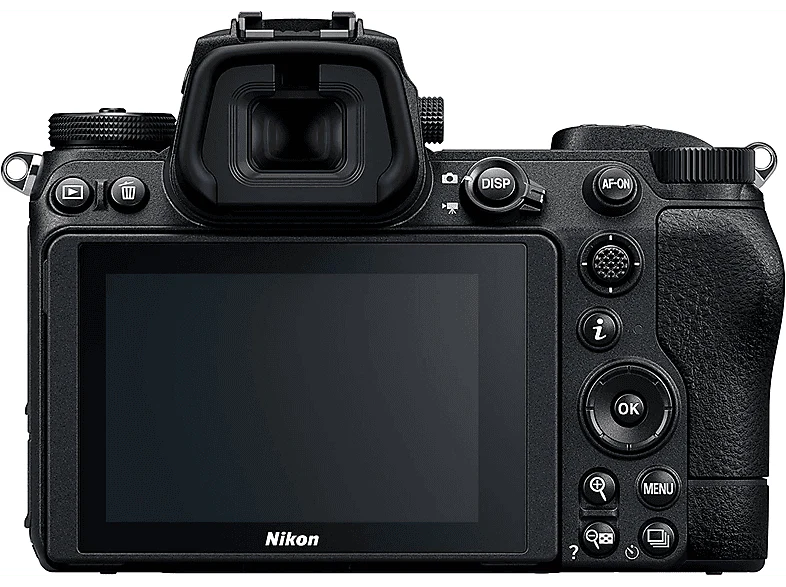 Vista trasera de una cámara Nikon negra. Tiene pantalla, botones y visor. El logotipo de Nikon es visible.