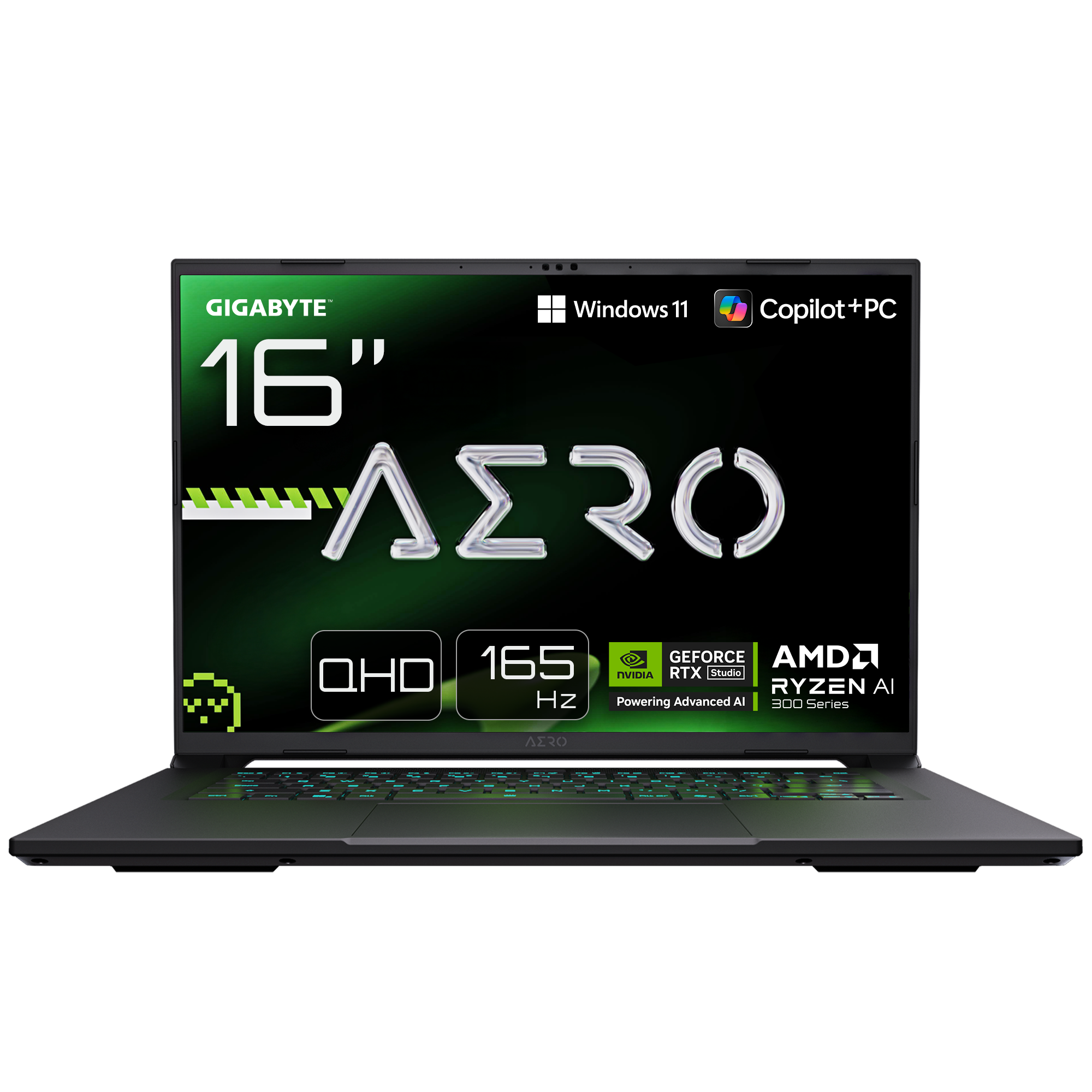 Se muestra una laptop Gigabyte Aero. Cuenta con una pantalla de 16", Windows 11 y gráficos NVIDIA GeForce RTX. La laptop es negra.