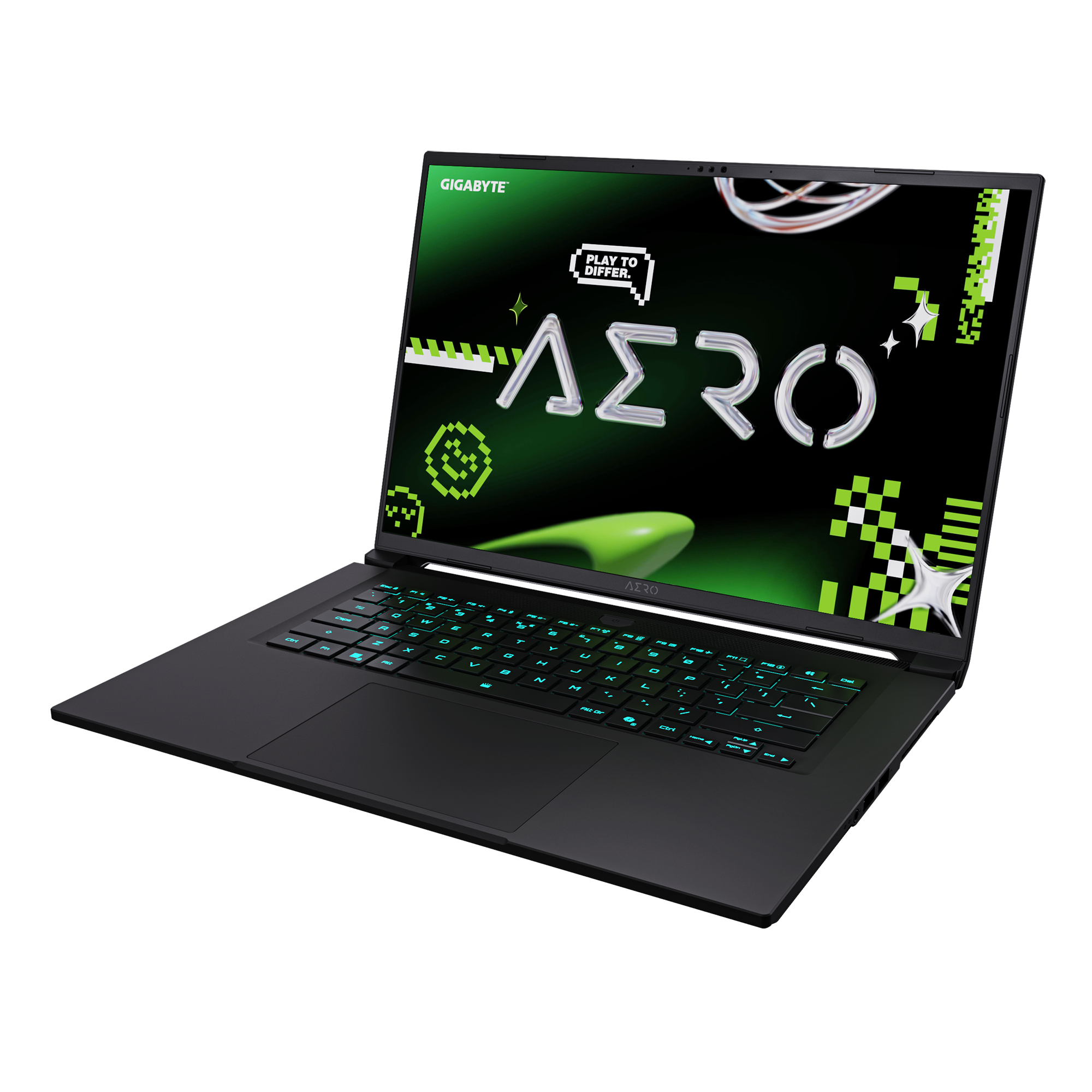 Portátil negro con teclado iluminado en verde. La pantalla muestra la palabra AERO en un estilo futurista con acentos verdes y blancos.