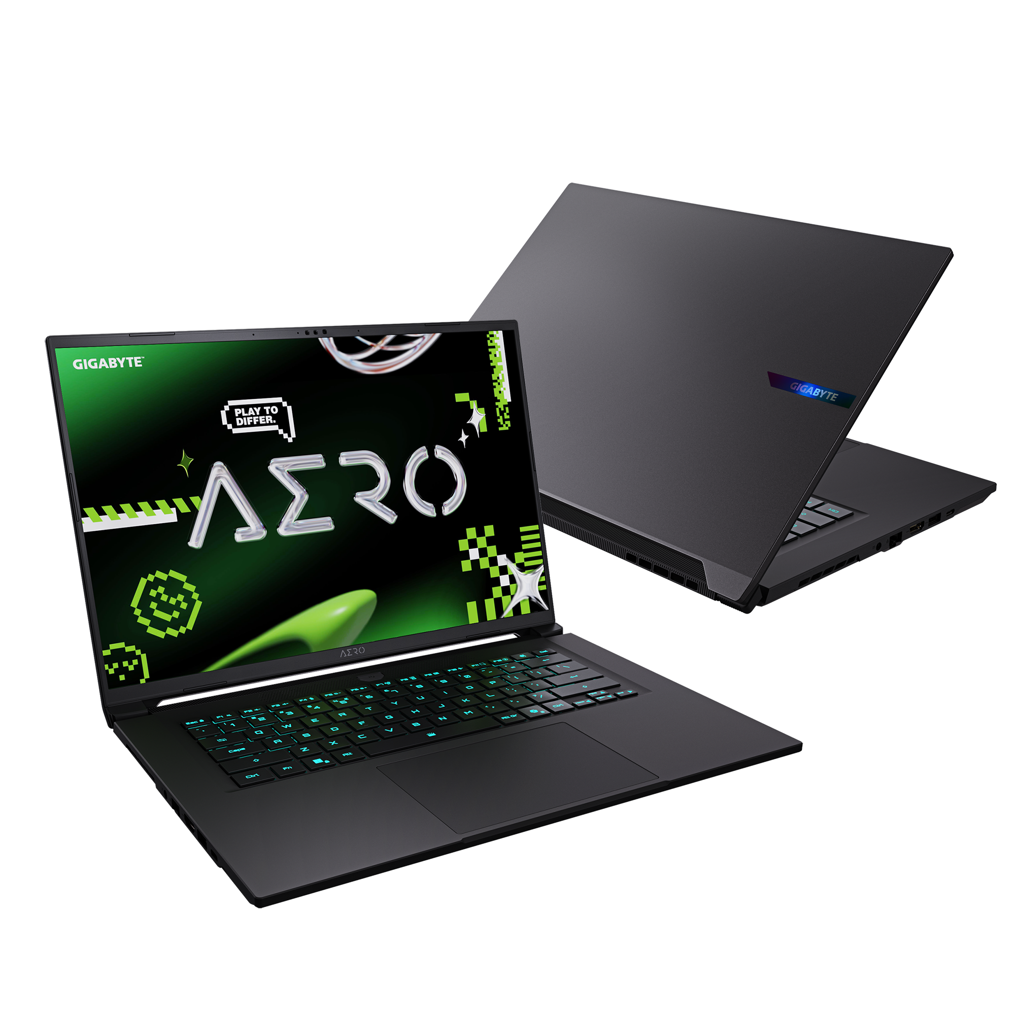 Dos portátiles negros. Uno abierto, mostrando una pantalla verde con la palabra AERO. El otro cerrado con el logo de Gigabyte.
