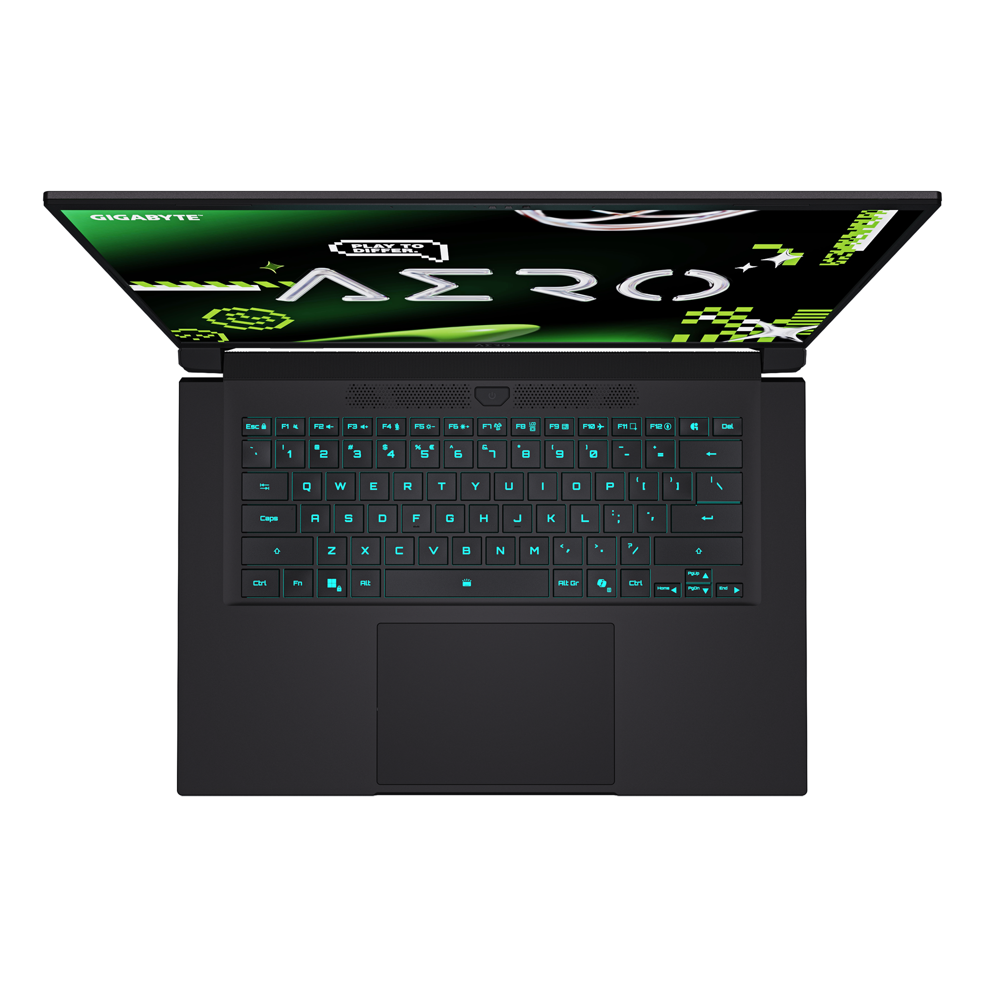 Portátil negro con teclado teal iluminado, pantalla verde con texto. Vista superior.