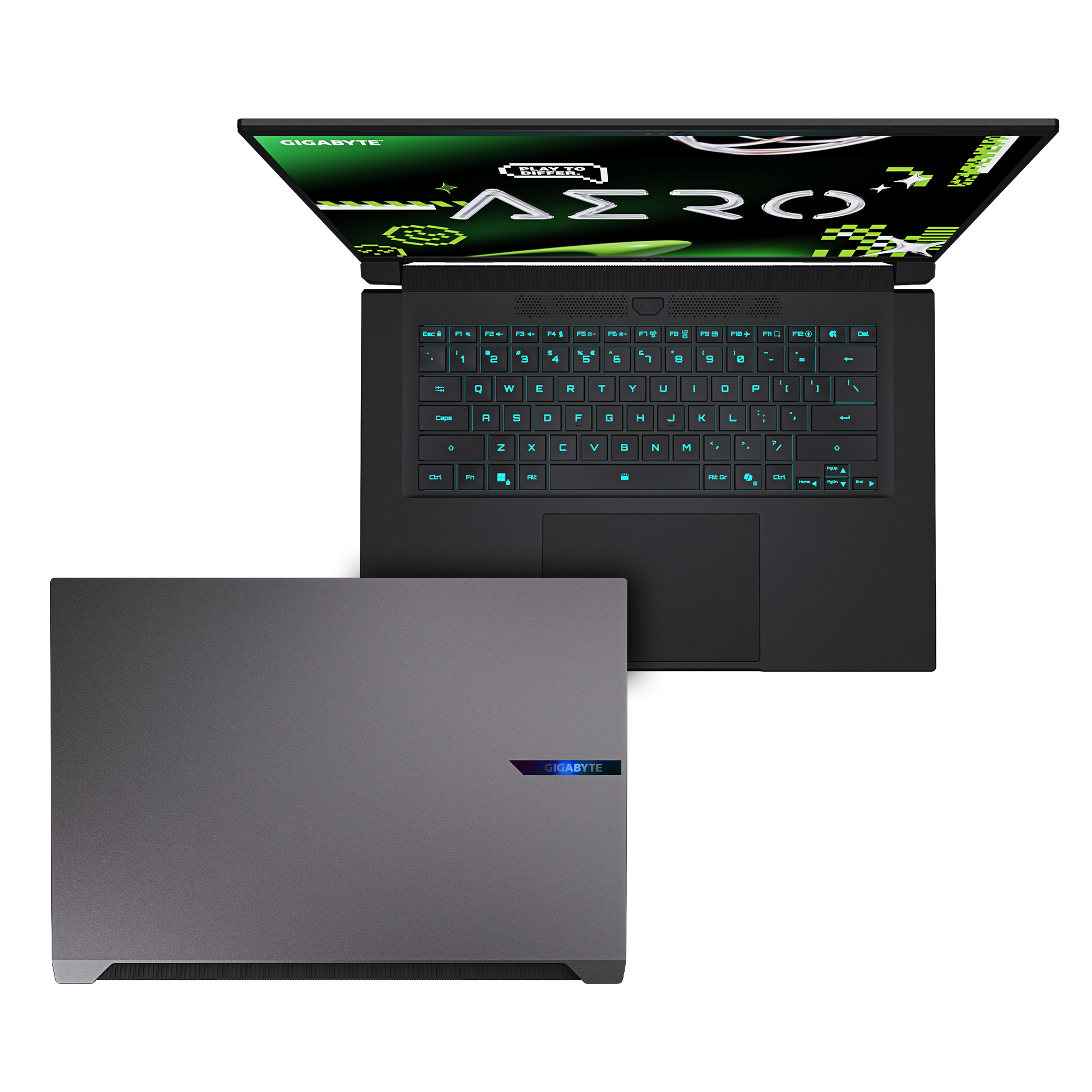 Un portátil con la pantalla abierta, mostrando el teclado y los detalles de la pantalla. La parte inferior muestra la tapa cerrada.