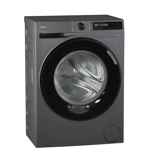 Una lavadora Candy gris con puerta negra. Tiene pantalla digital y mando giratorio. La máquina está sobre fondo blanco.