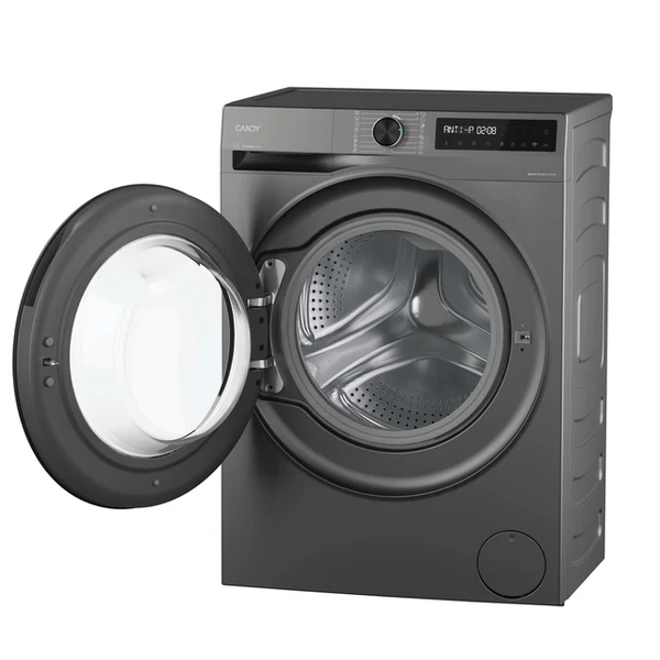 Una lavadora Candy gris con la puerta abierta. La máquina tiene una pantalla digital y una puerta redonda.