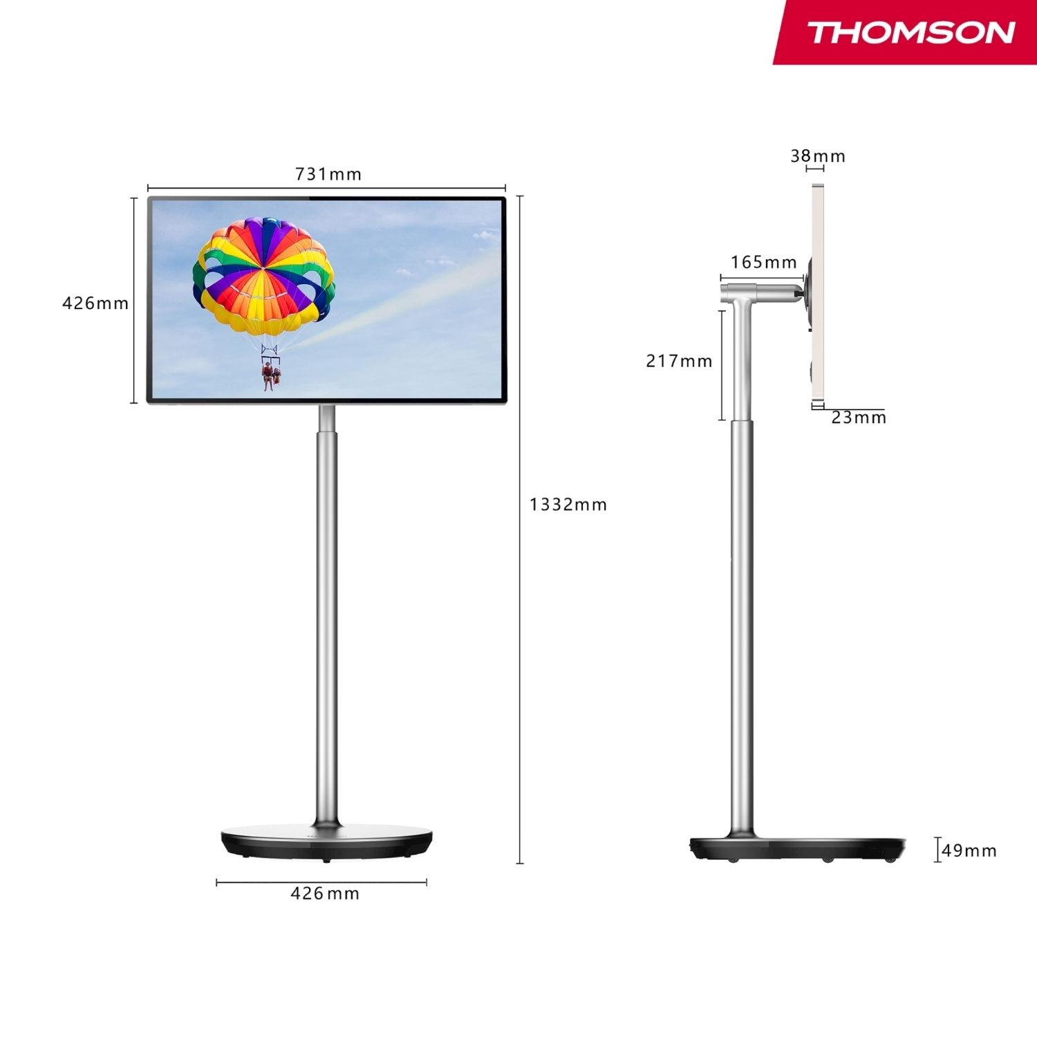 Un televisor Thomson en un soporte. La pantalla muestra un parapente bajo un paracaídas colorido. También se indican las dimensiones.