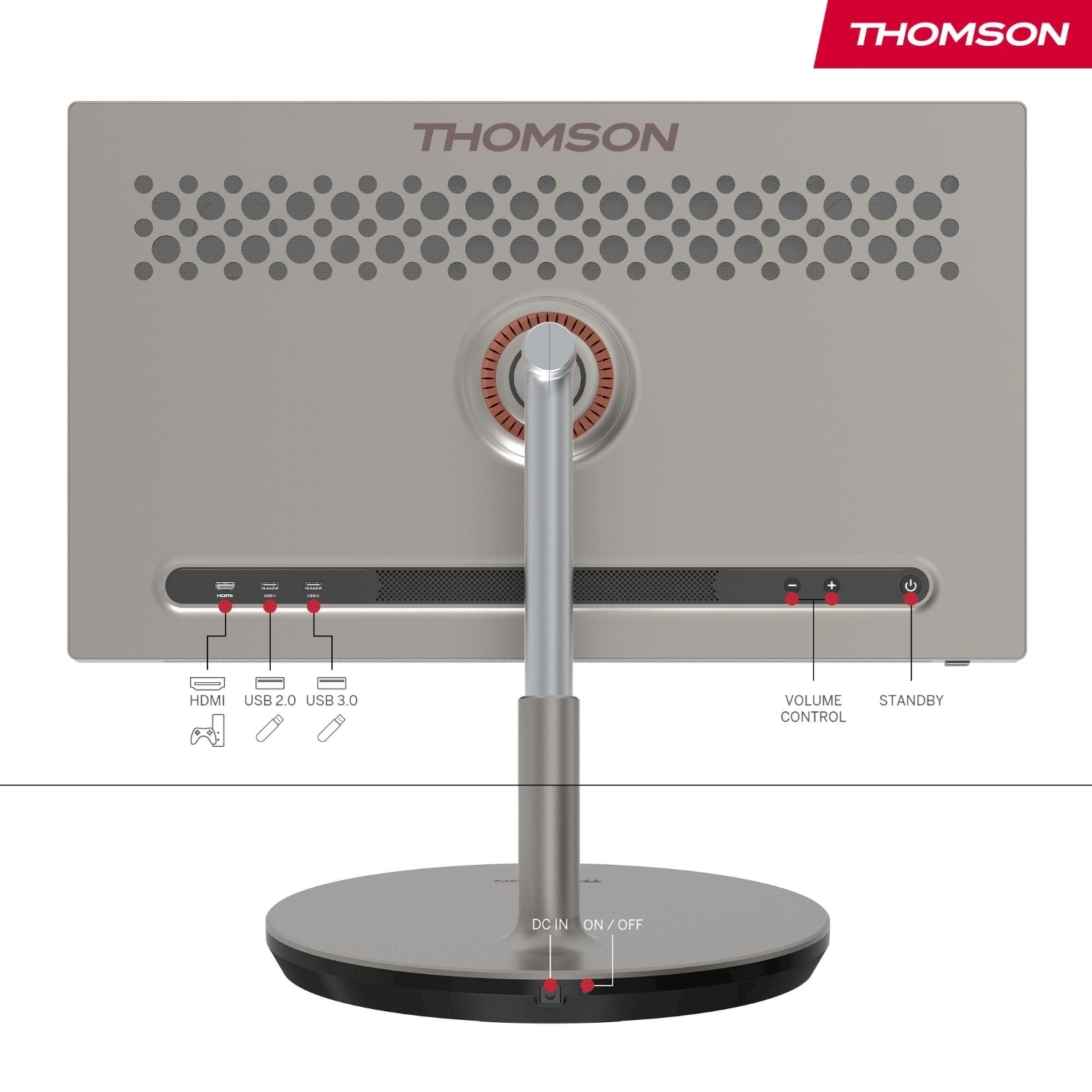 La parte trasera de un monitor Thomson con puertos, control de volumen y un botón de encendido. El soporte es metálico con el logotipo de Thomson.