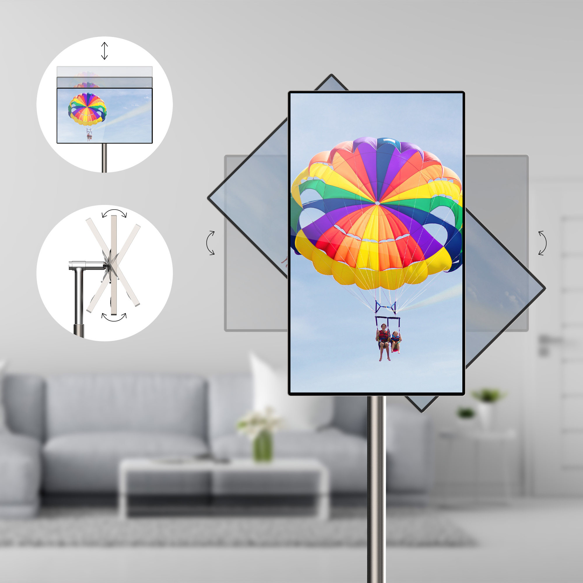 Un televisor muestra una imagen de parasailing. El televisor está en un soporte y la pantalla se puede inclinar. Hay un sofá en el fondo.
