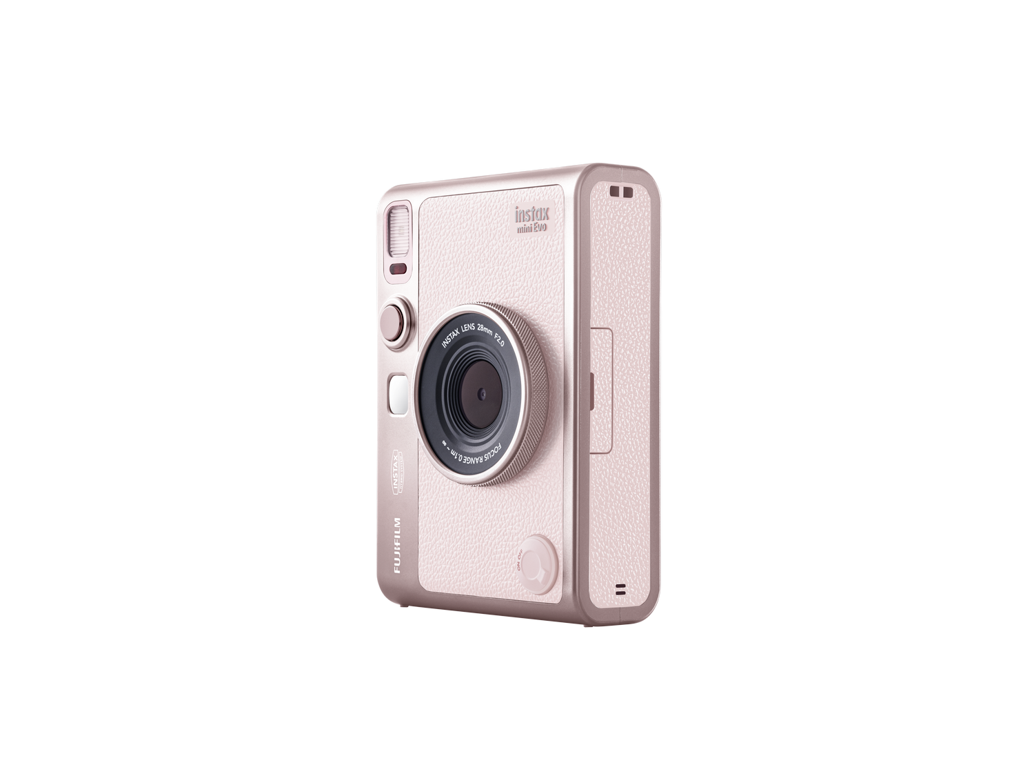 Una cámara Instax Mini Evo rosa dorado sobre fondo gris. La cámara tiene lente, botones y un acabado texturizado.