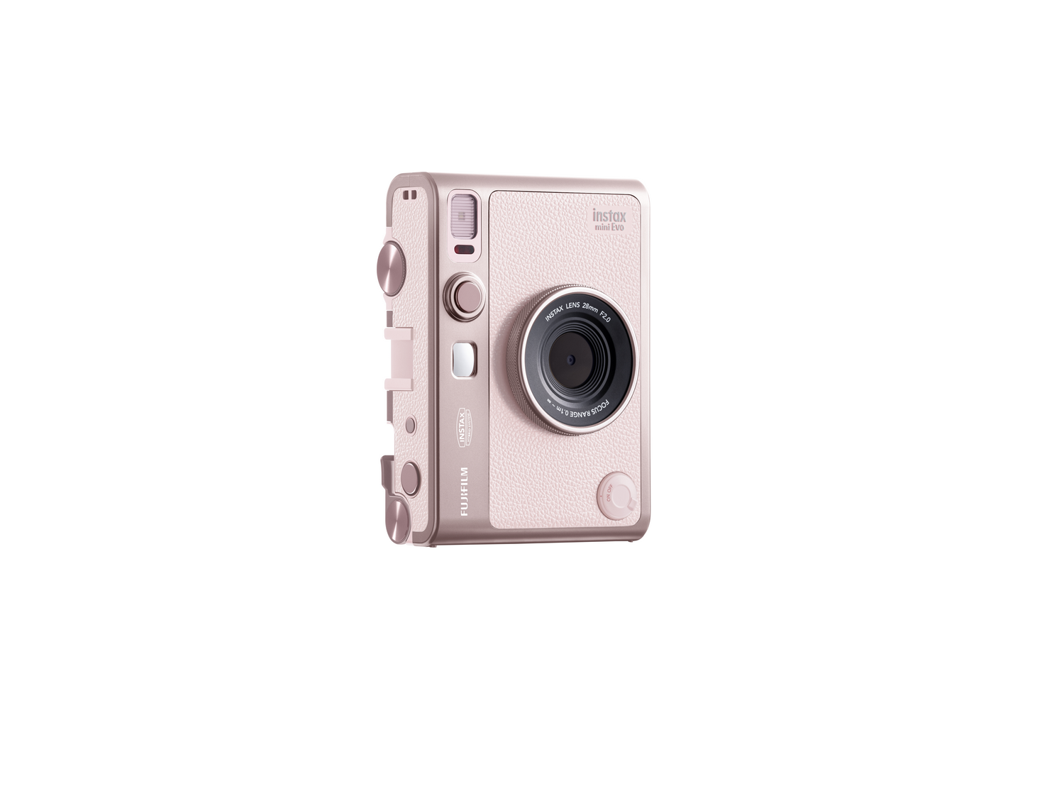Una cámara rosa Instax Mini Evo sobre un fondo blanco. Tiene una lente, botones y diales, con el logotipo de Fujifilm.