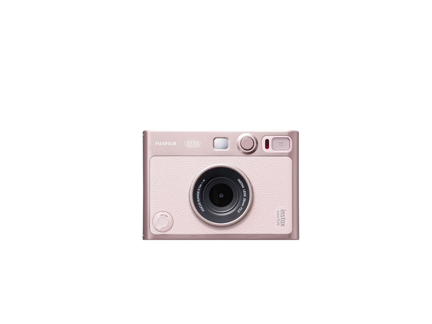 Una cámara Fujifilm Instax Mini Evo de color oro rosa, centrada sobre un fondo blanco. Tiene una lente, botones y detalles de la marca.