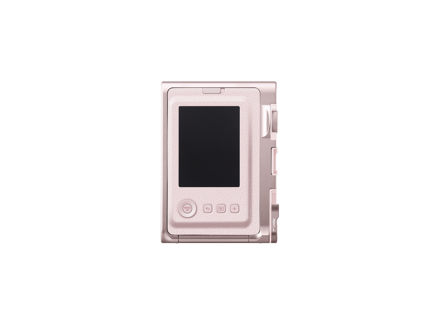 Una cámara instantánea rosa, de forma rectangular, con una pantalla negra en el centro y botones a un lado, sobre fondo blanco.