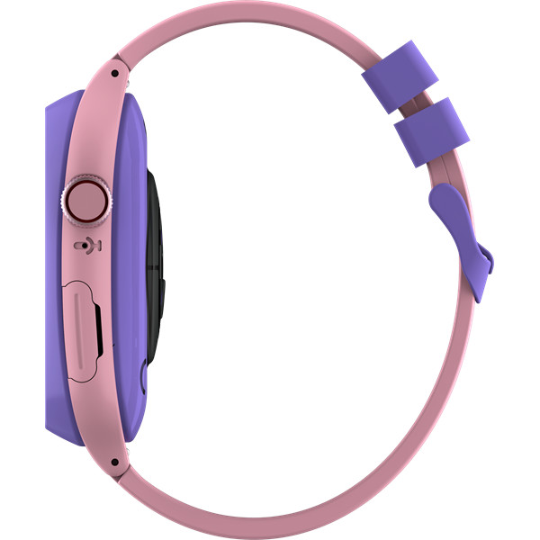 Widok z boku smartwatcha. Ma fioletową obudowę, różowy pasek i różowy przycisk. Pasek ma fioletowe zapięcia.