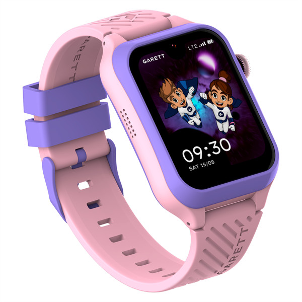 Wyświetlany jest różowo-fioletowy smartwatch. Ekran pokazuje postacie z kreskówek. Godzina to 09:30. Widoczna jest nazwa marki.