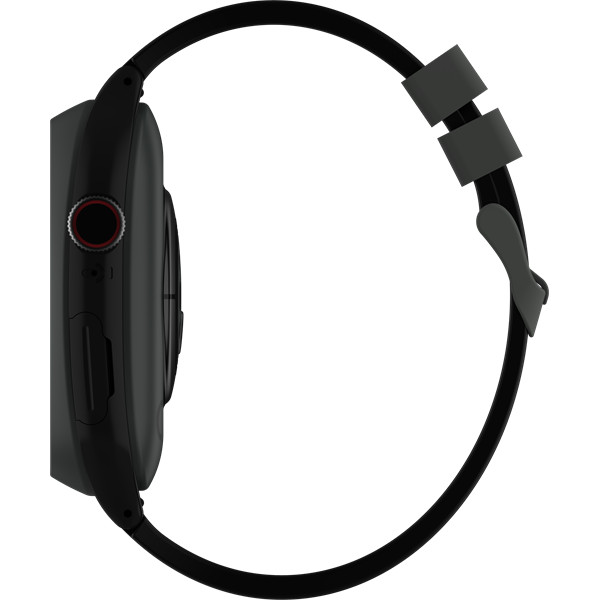 Widok z boku czarnego smartwatcha. Ma okrągłą tarczę, czarny pasek i szare zapięcie. Widoczny jest czerwony przycisk.