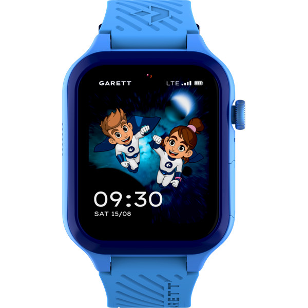 Niebieski smartwatch z wyświetlaczem z kreskówkami przedstawiającym dwoje dzieci w strojach superbohaterów. Godzina 09:30, sobota 15/08.