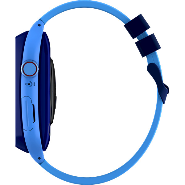 Niebieski smartwatch, widok z boku. Zegarek ma jasnoniebieski pasek i ciemnoniebieską obudowę. Ma czerwony przycisk i czarny ekran.